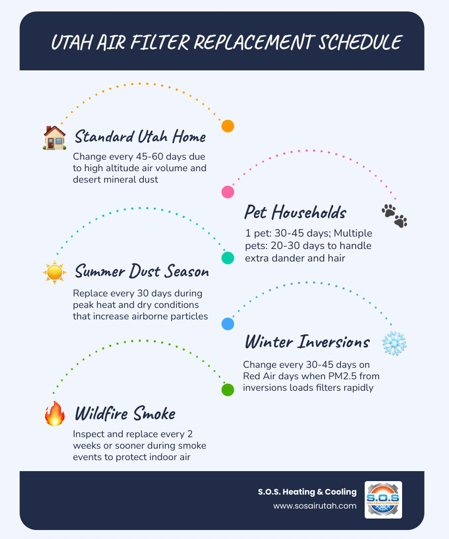 Infographic showing seasonal air filter change schedule for Utah homes with recommended intervals by condition infographic Infographic showing seasonal air filter change schedule for Utah homes with recommended intervals by condition infographic