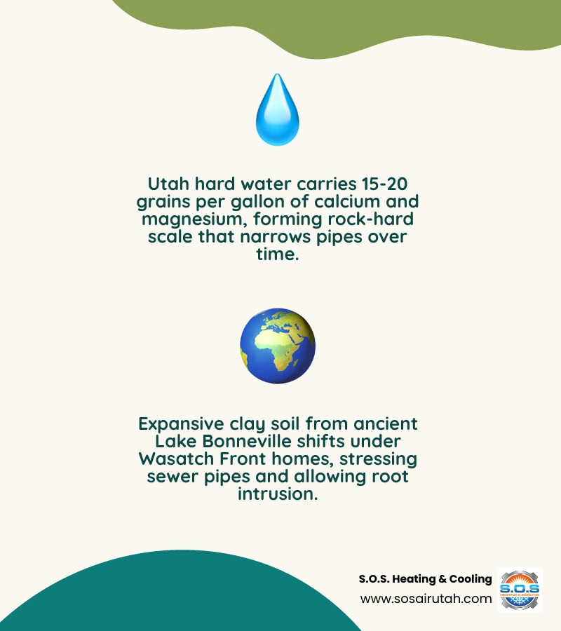 Year-round Utah drain backup prevention infographic: seasonal tips, daily habits, warning signs, and professional