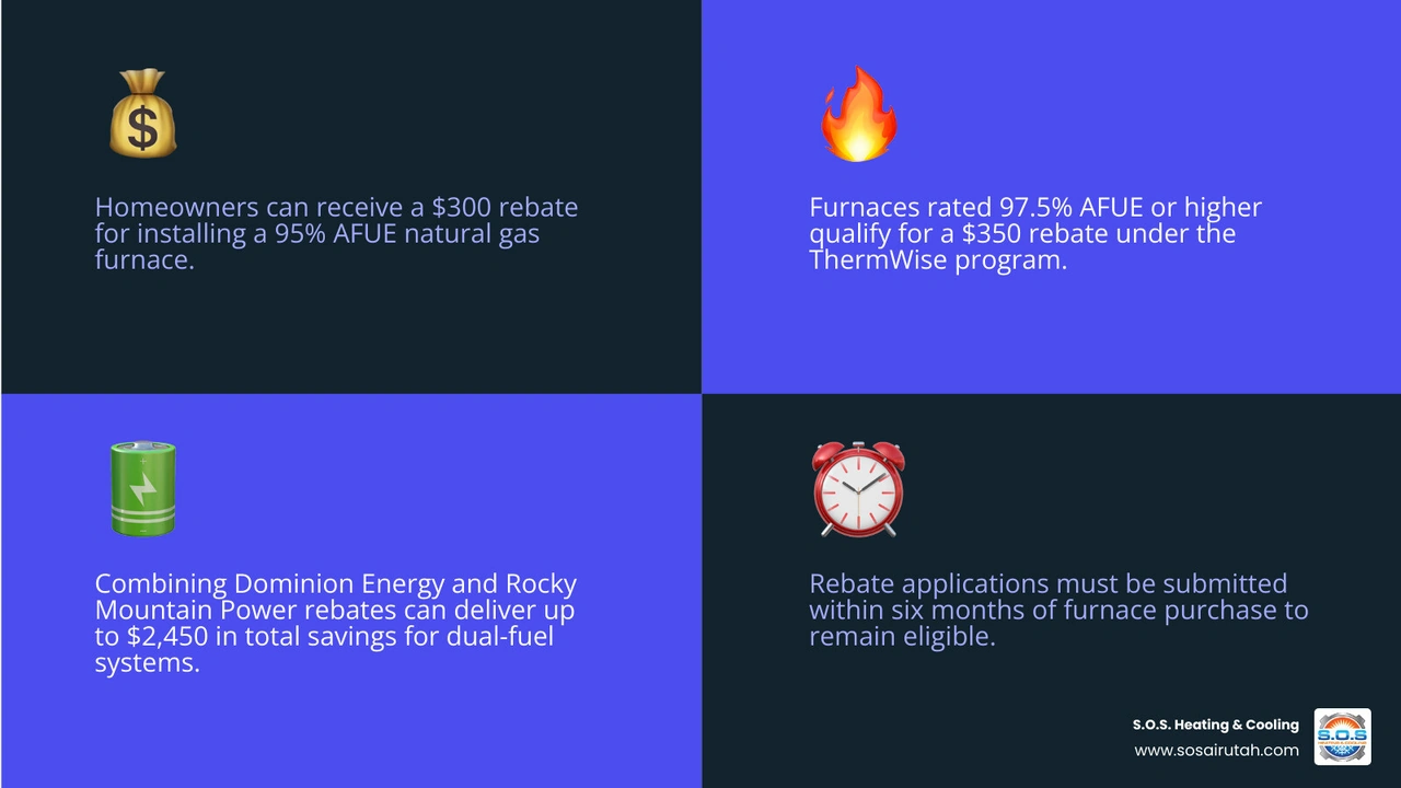 Infographic showing Dominion Energy ThermWise furnace rebate tiers, AFUE requirements, dual-fuel system savings, and how to