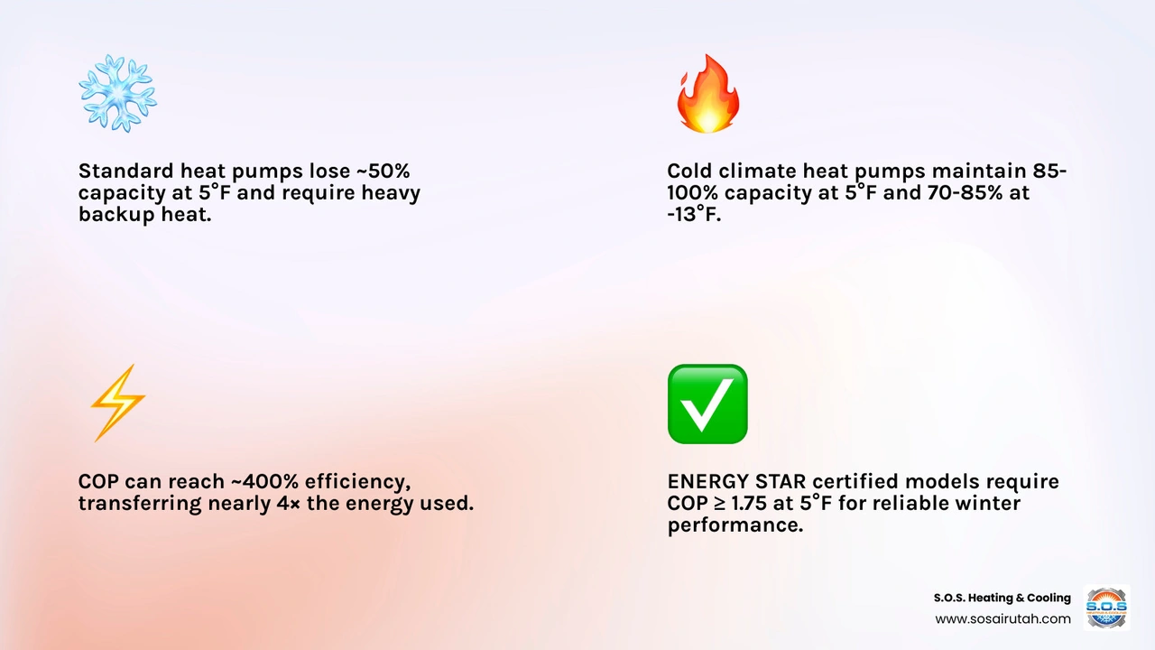 Infographic comparing cold climate vs standard heat pump capacity retention at 5°F and -13°F with efficiency ratings and Infographic comparing cold climate vs standard heat pump capacity retention at 5°F and -13°F with efficiency ratings and