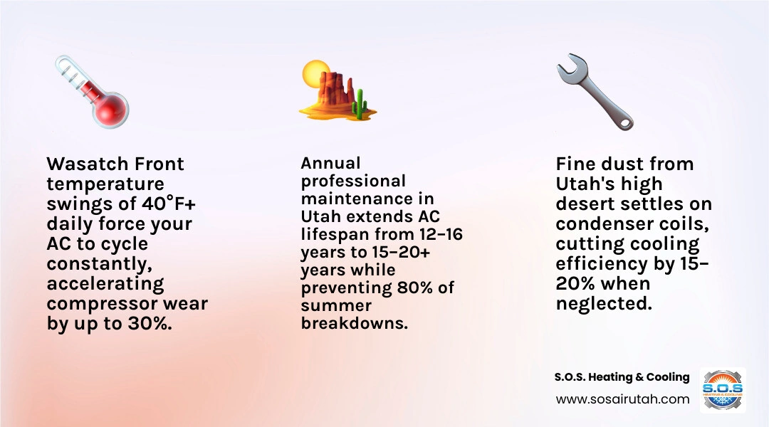 Infographic showing how Wasatch Front climate conditions reduce AC lifespan and how maintenance counteracts each factor