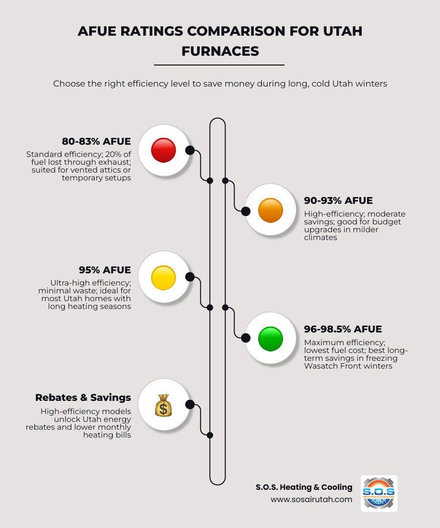 Infographic comparing AFUE ratings: 80% standard vs 95-98% high-efficiency furnaces for Utah homes infographic Infographic comparing AFUE ratings: 80% standard vs 95-98% high-efficiency furnaces for Utah homes infographic