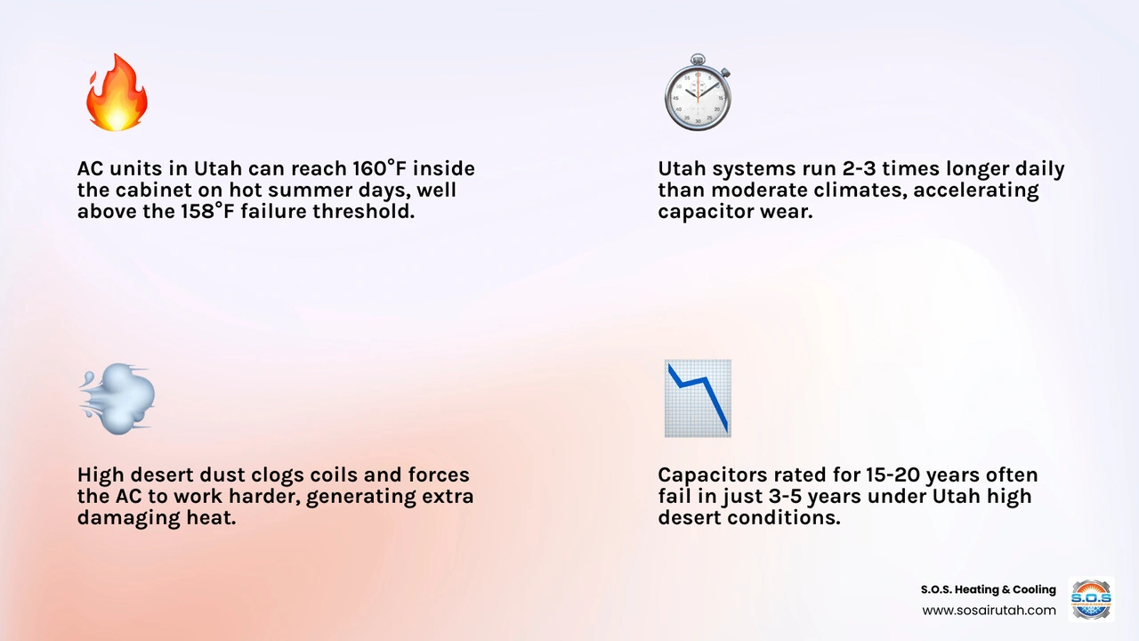 Infographic showing why AC capacitors fail in Utah summer heat causes and statistics infographic Infographic showing why AC capacitors fail in Utah summer heat causes and statistics infographic