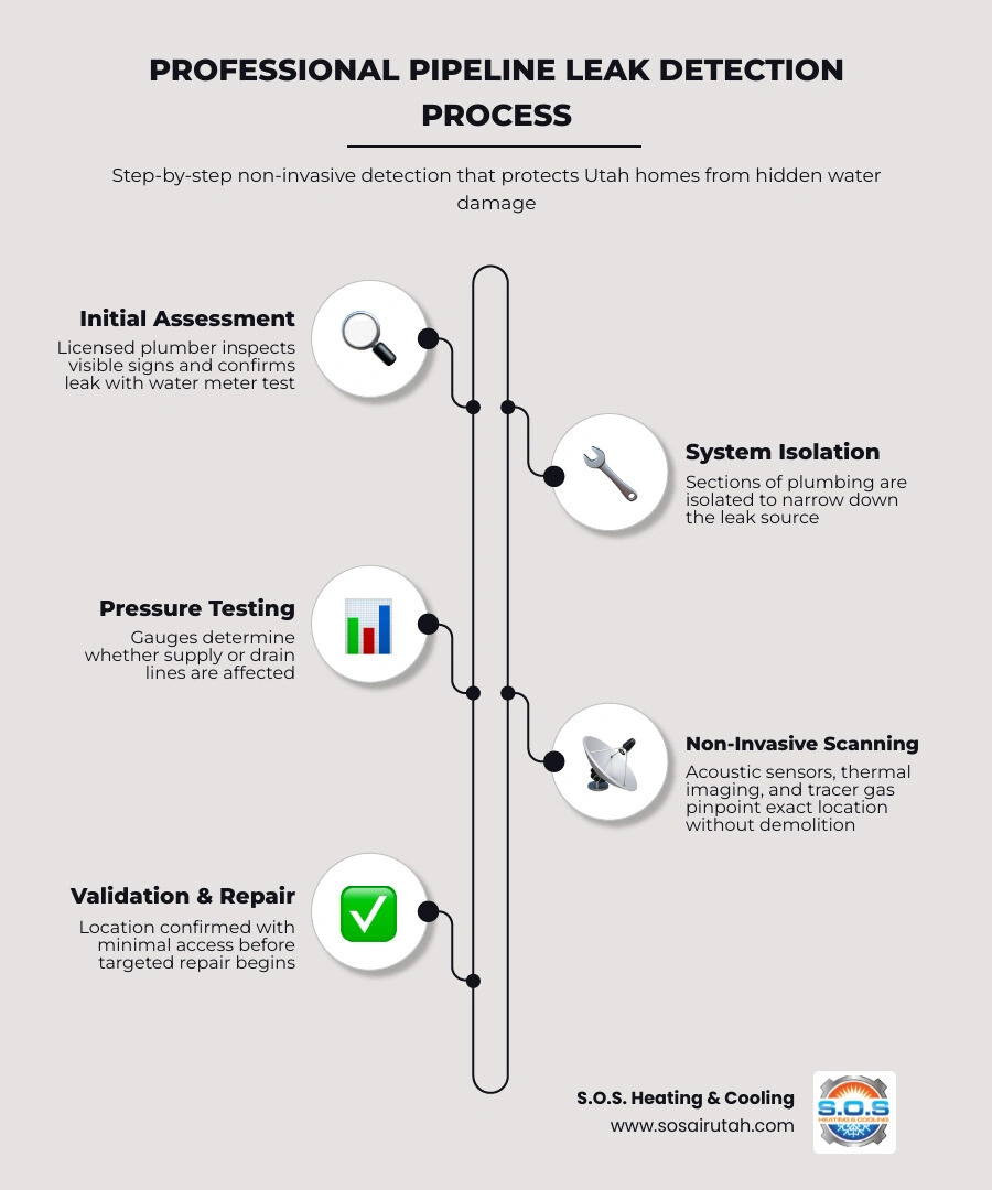 infographic showing steps of professional pipeline leak detection process in a Utah home infographic infographic showing steps of professional pipeline leak detection process in a Utah home infographic