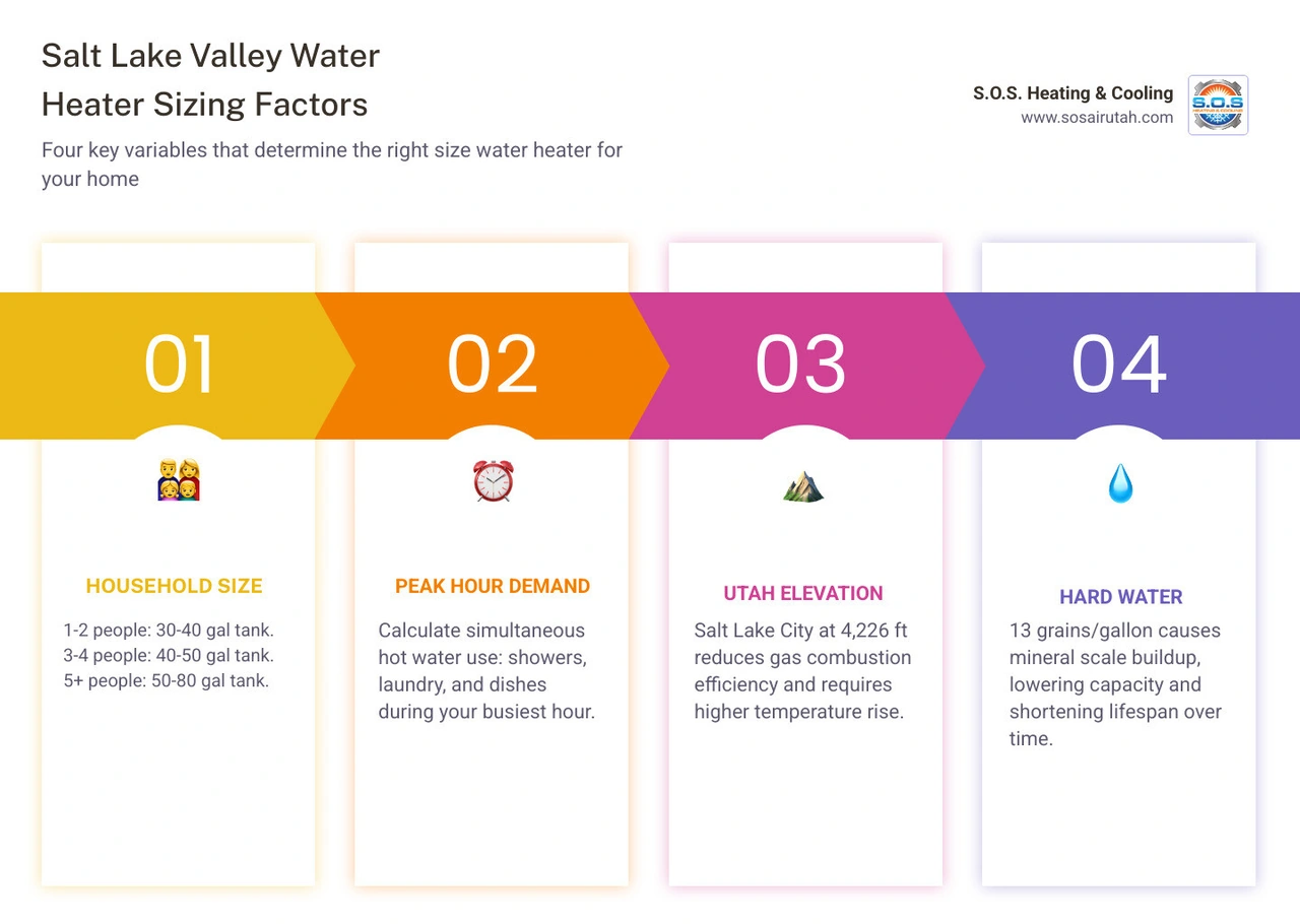 Infographic showing water heater sizing factors for Salt Lake Valley homes by household size and Utah conditions infographic Infographic showing water heater sizing factors for Salt Lake Valley homes by household size and Utah conditions infographic