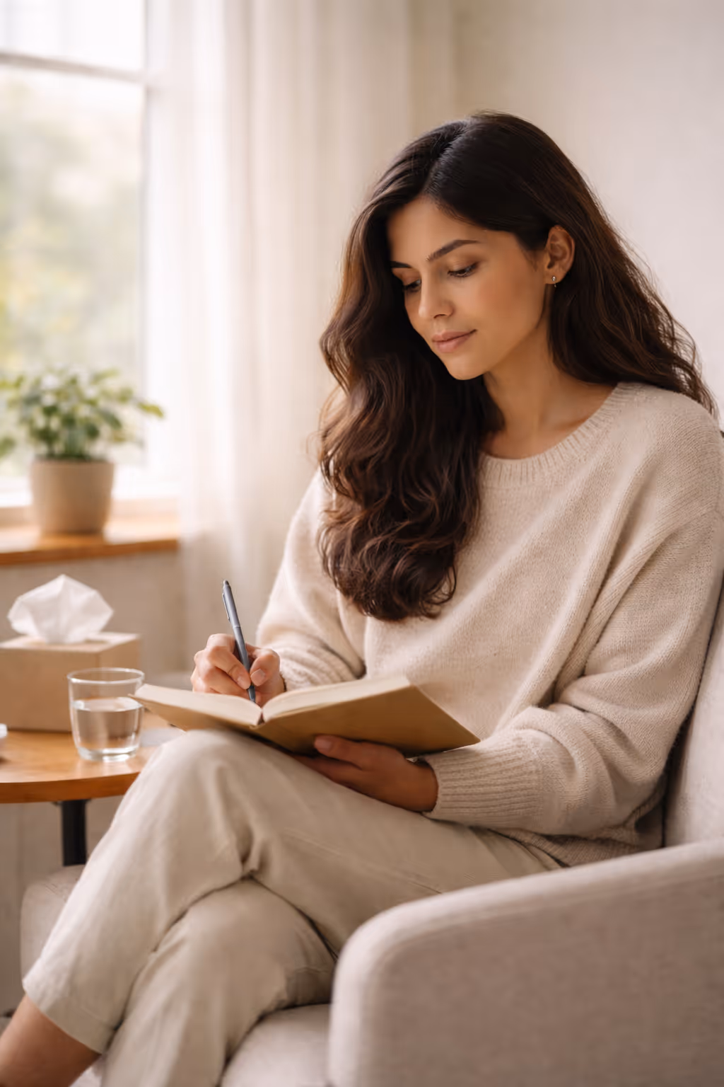 Young woman with long dark hair writing in a journal while sitting on a beige chair by a window.