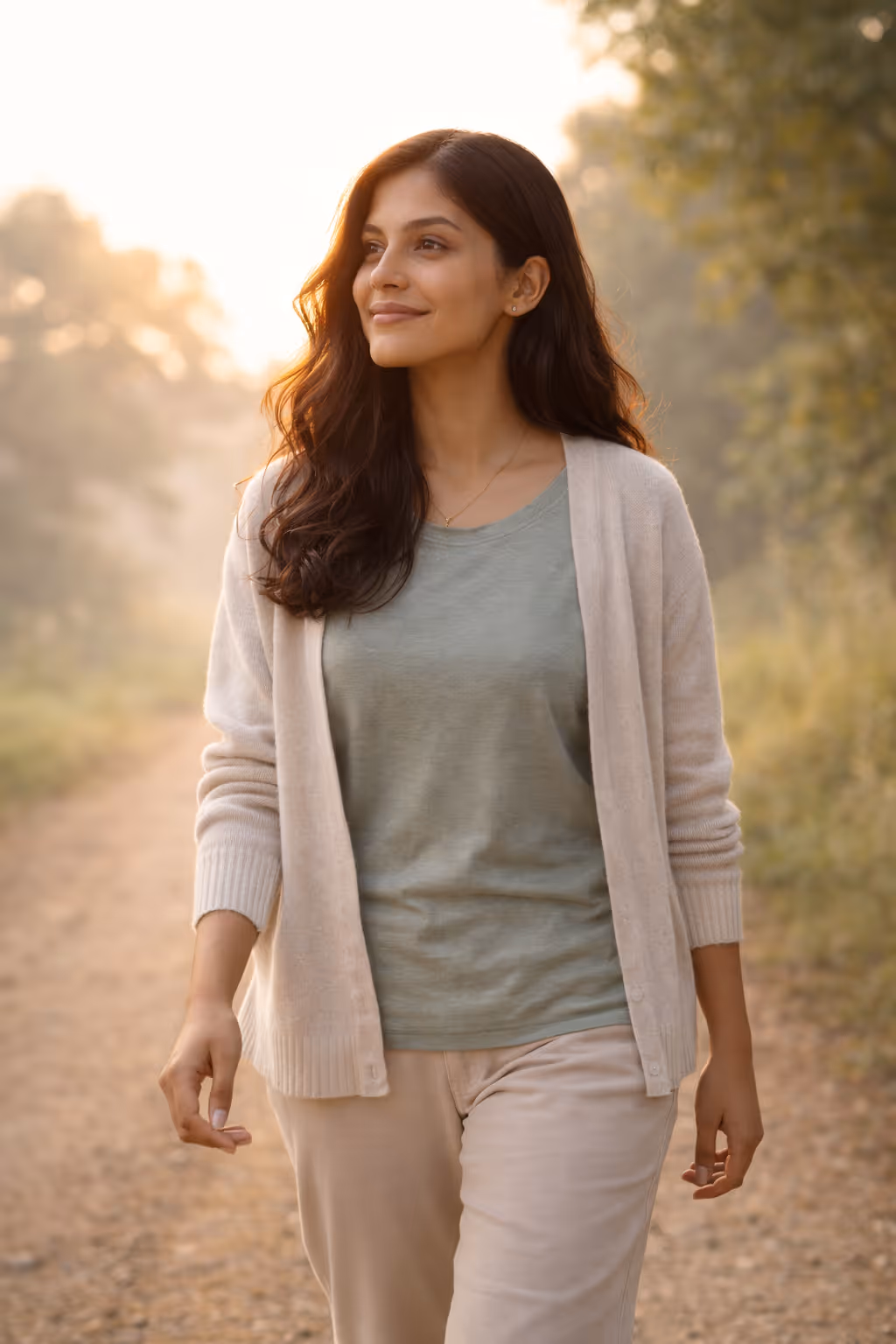 Woman with long dark hair walking outdoors on a dirt path during golden hour.