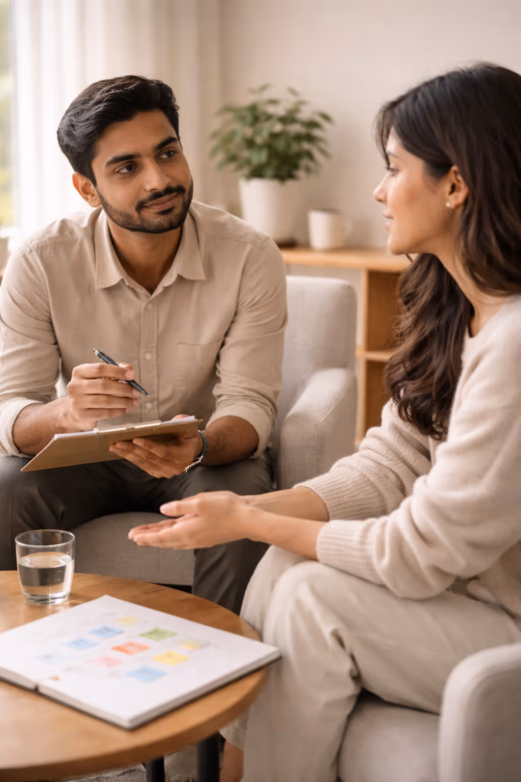 Man holding clipboard and pen listening attentively to woman speaking in a cozy room.