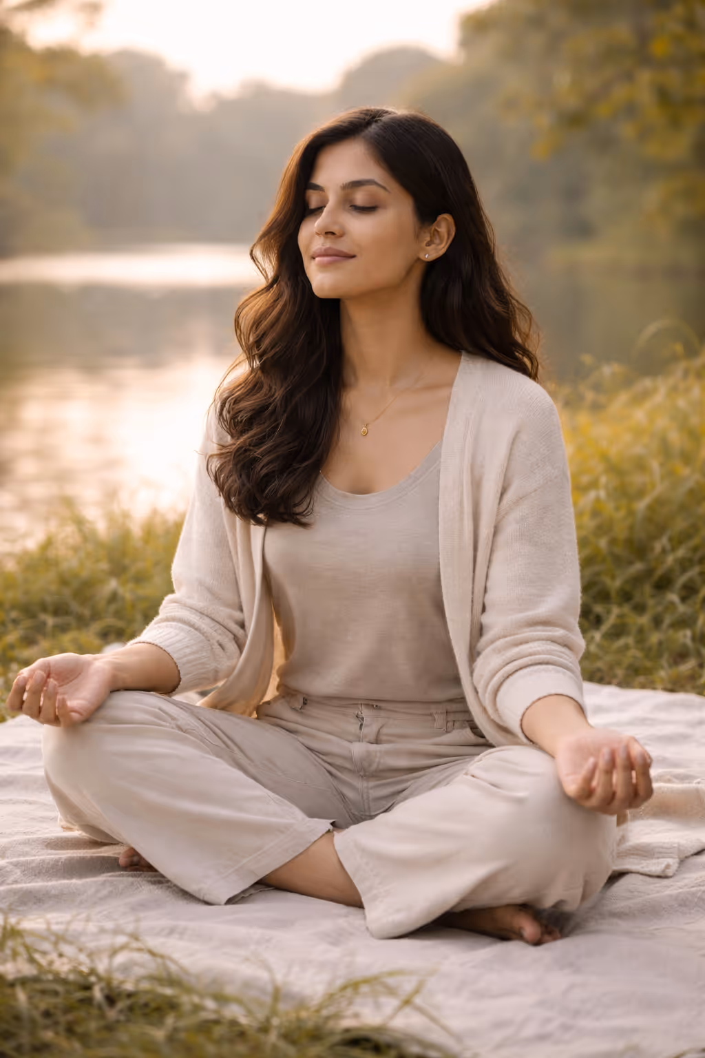 Woman in beige outfit meditating cross-legged outdoors near a lake with eyes closed.