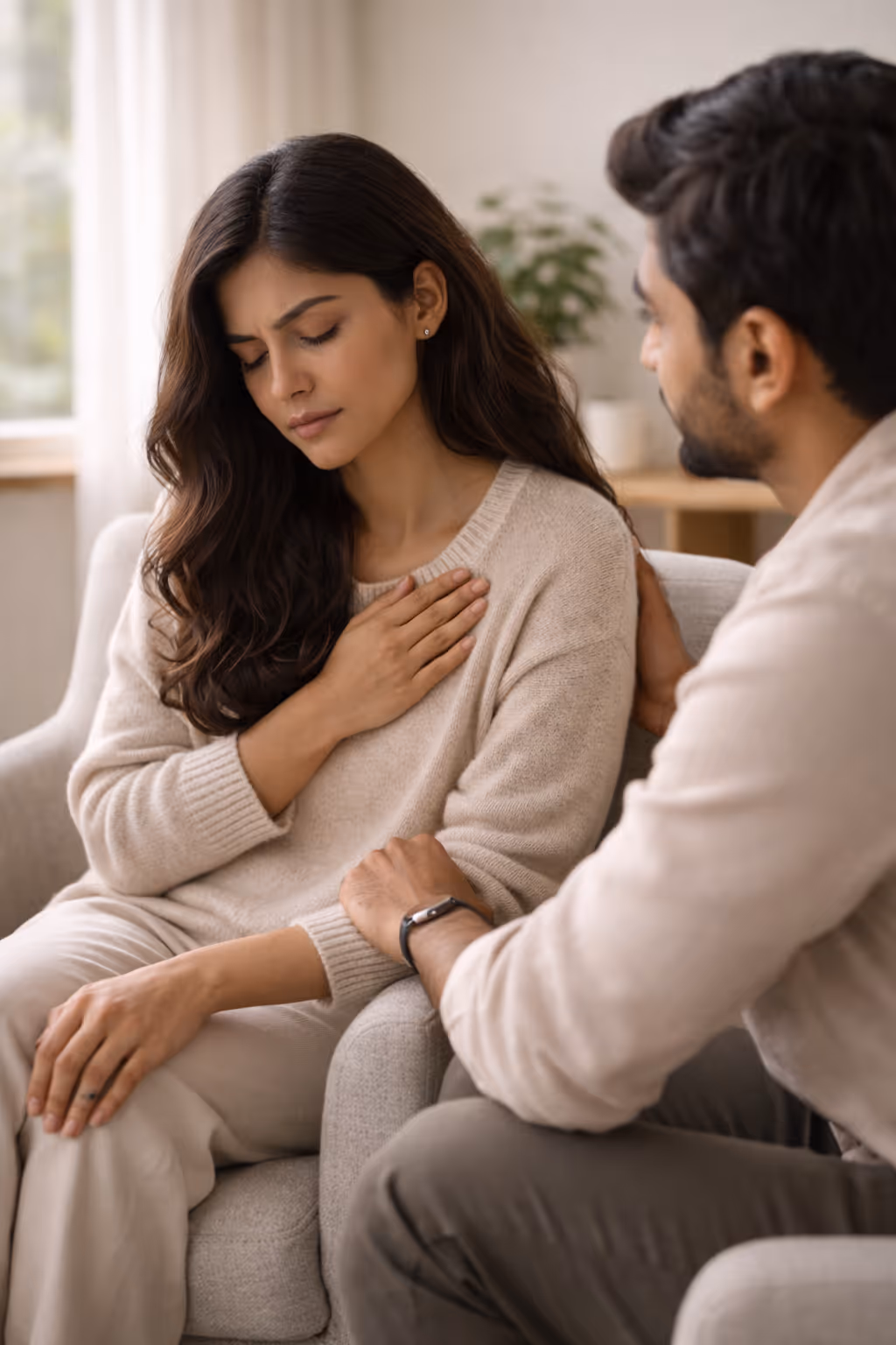 Woman with closed eyes holding her chest, man beside her with hand on her shoulder comforting her.