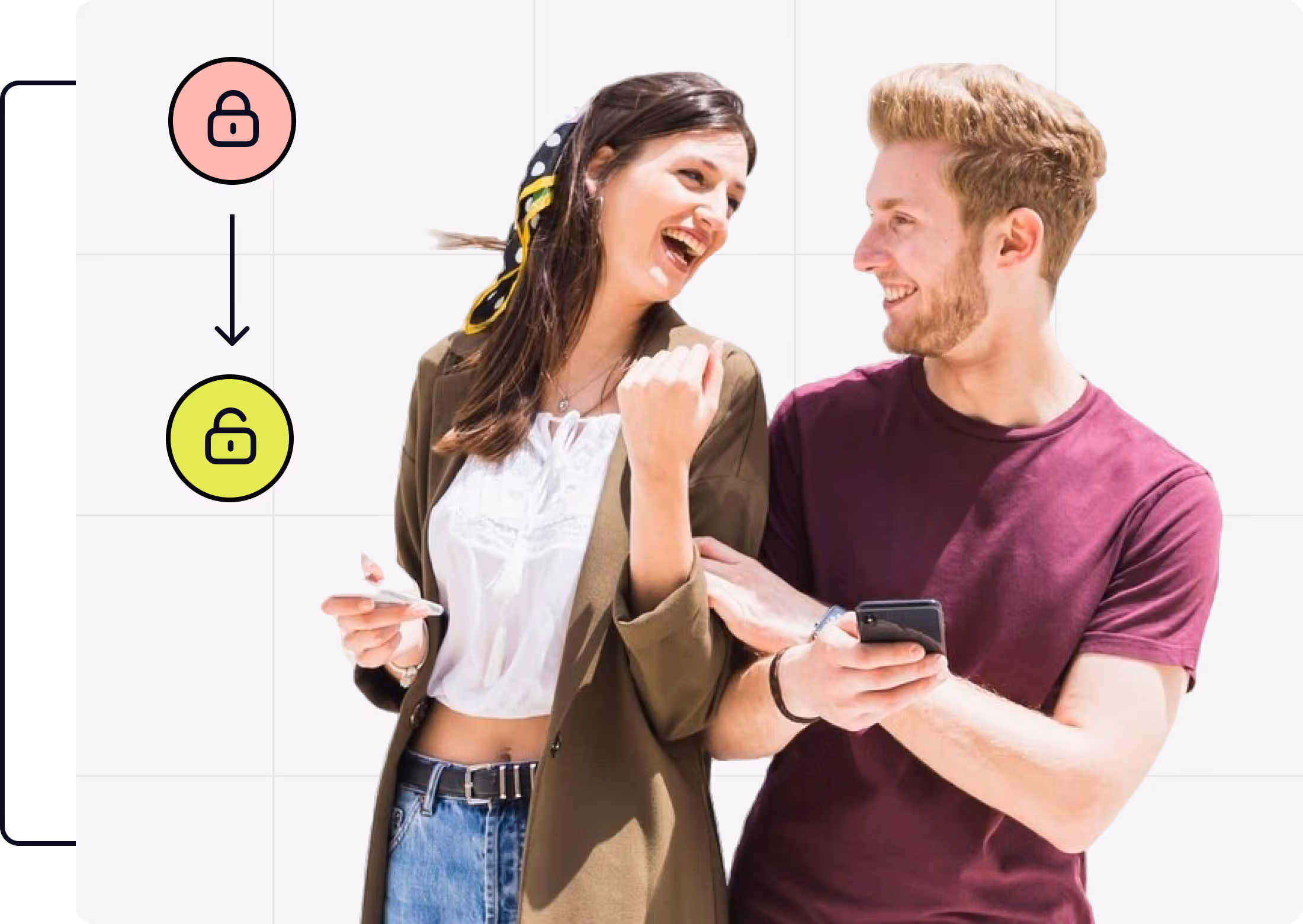 Smiling woman and man holding smartphones, with lock icons showing transition from locked to unlocked, representing successful account recovery or access restoration.