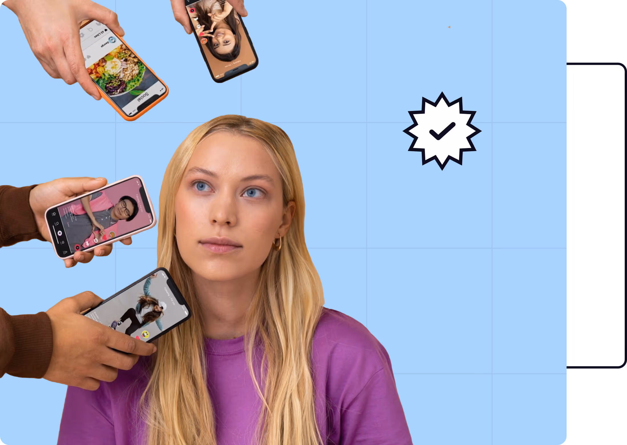 Blonde woman in a purple shirt surrounded by hands holding smartphones showing social media profiles, with a verified checkmark icon in the background.