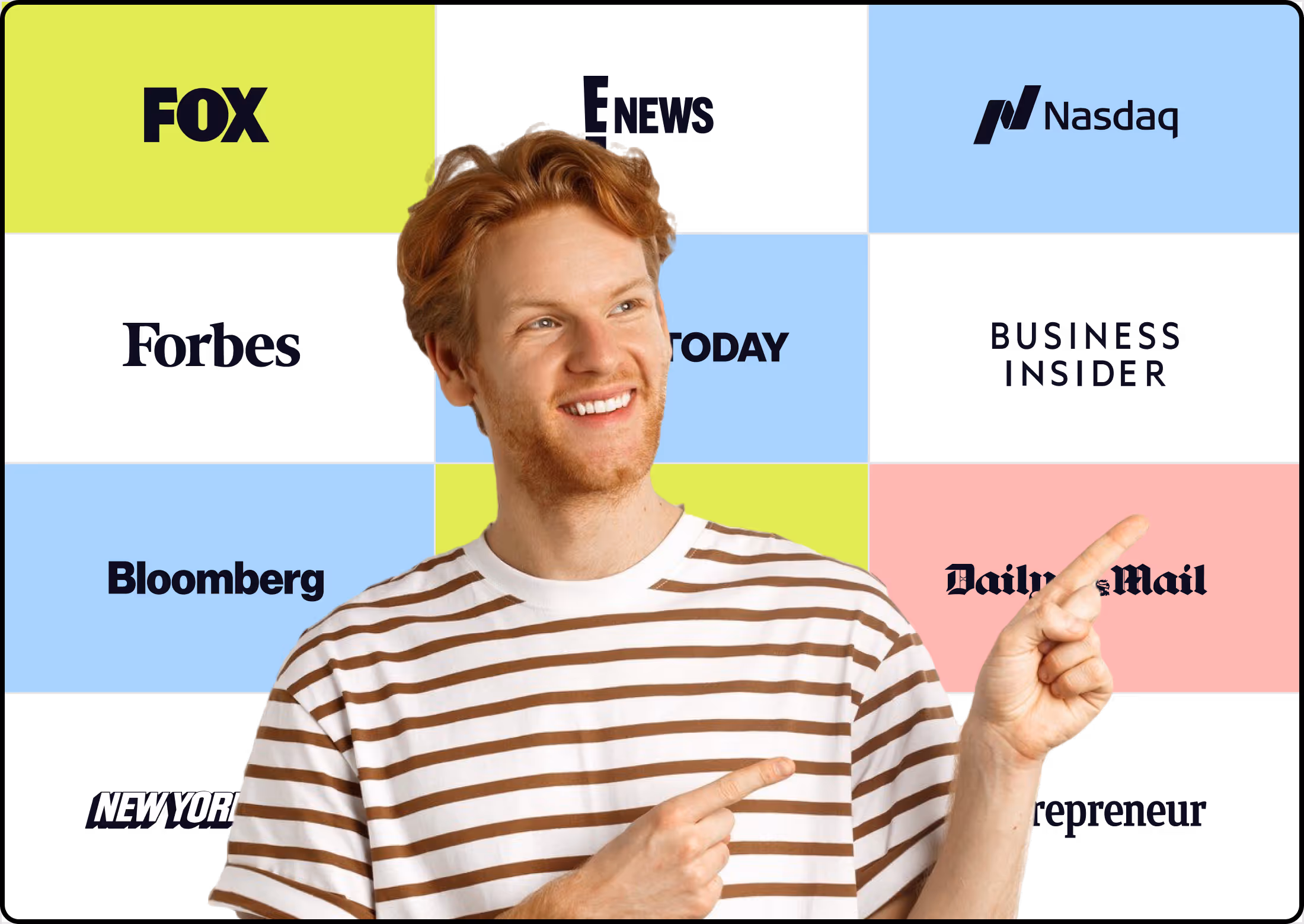 Smiling man in striped shirt pointing at a colorful media wall featuring logos of Forbes, Bloomberg, Nasdaq, FOX, Business Insider, and other major news outlets.
