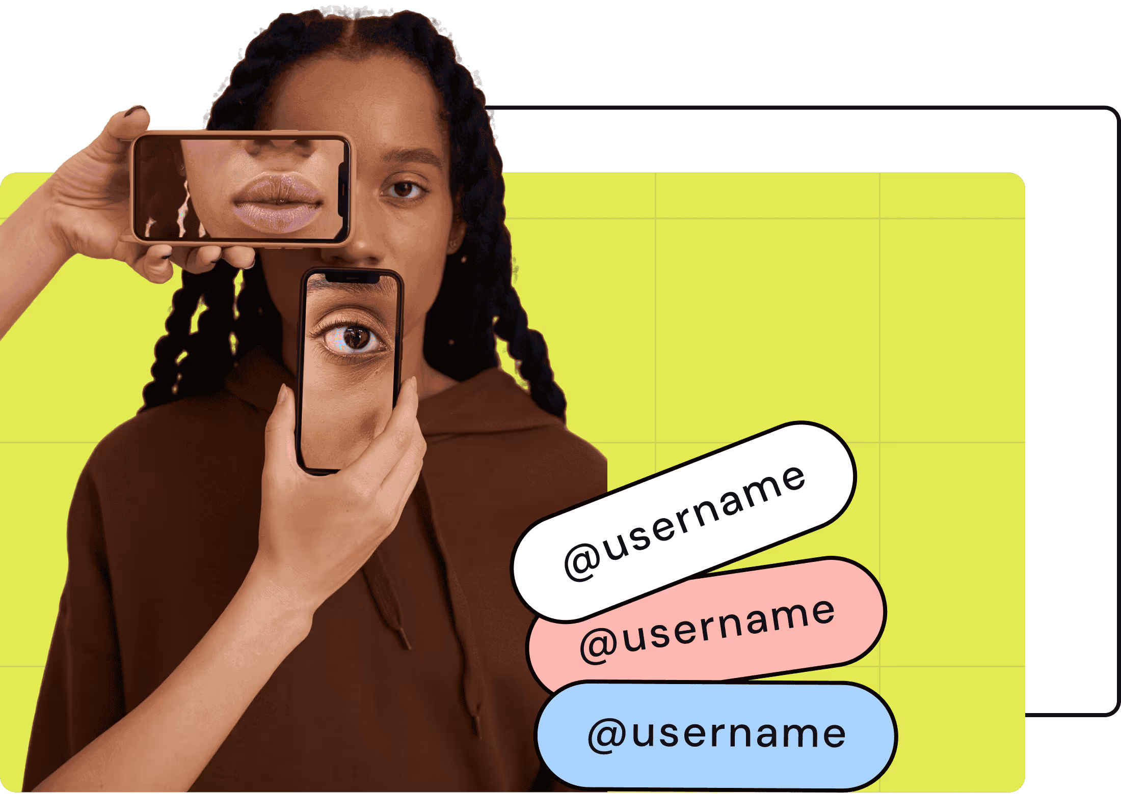 Woman holding smartphones in front of her face displaying her lips and eye, with username tags floating beside her, symbolizing digital identity and personalized social media handles.