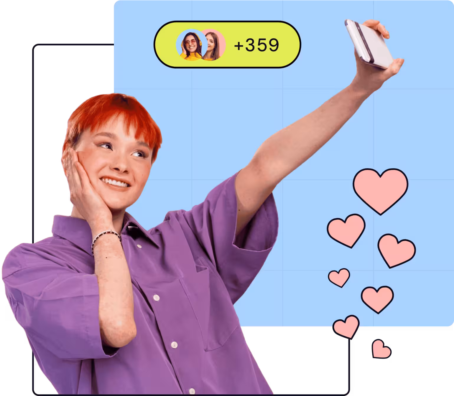Smiling young woman with red hair taking a selfie, wearing a purple shirt, surrounded by heart icons and social engagement indicator.