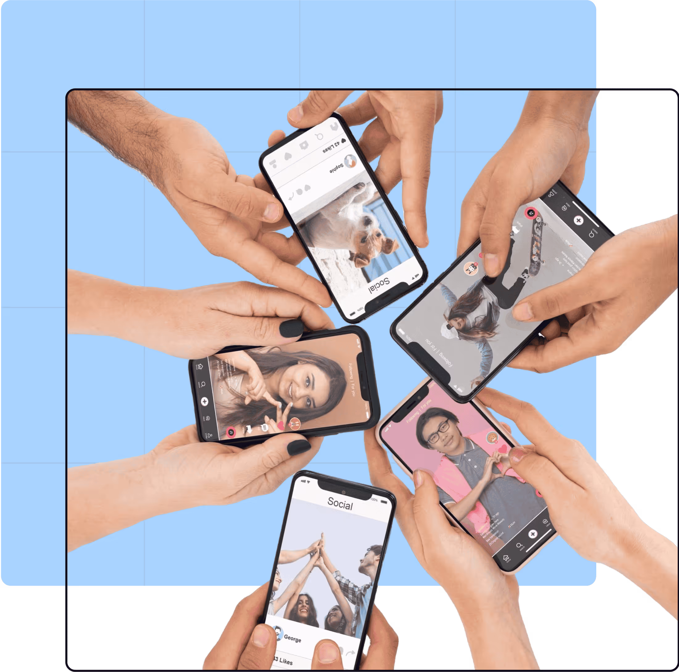 Multiple hands holding smartphones displaying social media profiles, videos, and photos, symbolizing digital engagement and online identity.