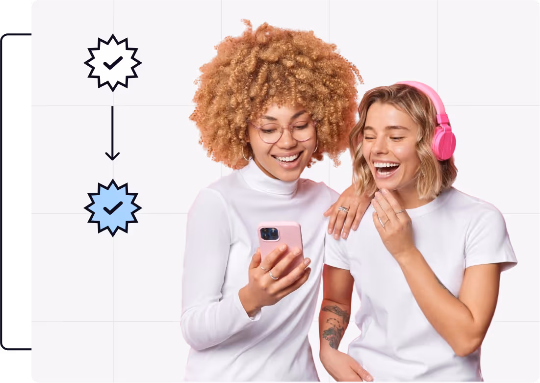 Woman holding smartphones in front of her face displaying her lips and eye, with username tags floating beside her, symbolizing digital identity and personalized social media handles.