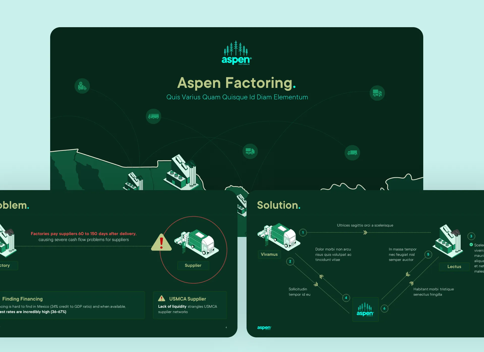 Fintech pitch deck for a factoring platform featuring process illustrations and green branding, designed by pitch deck design services