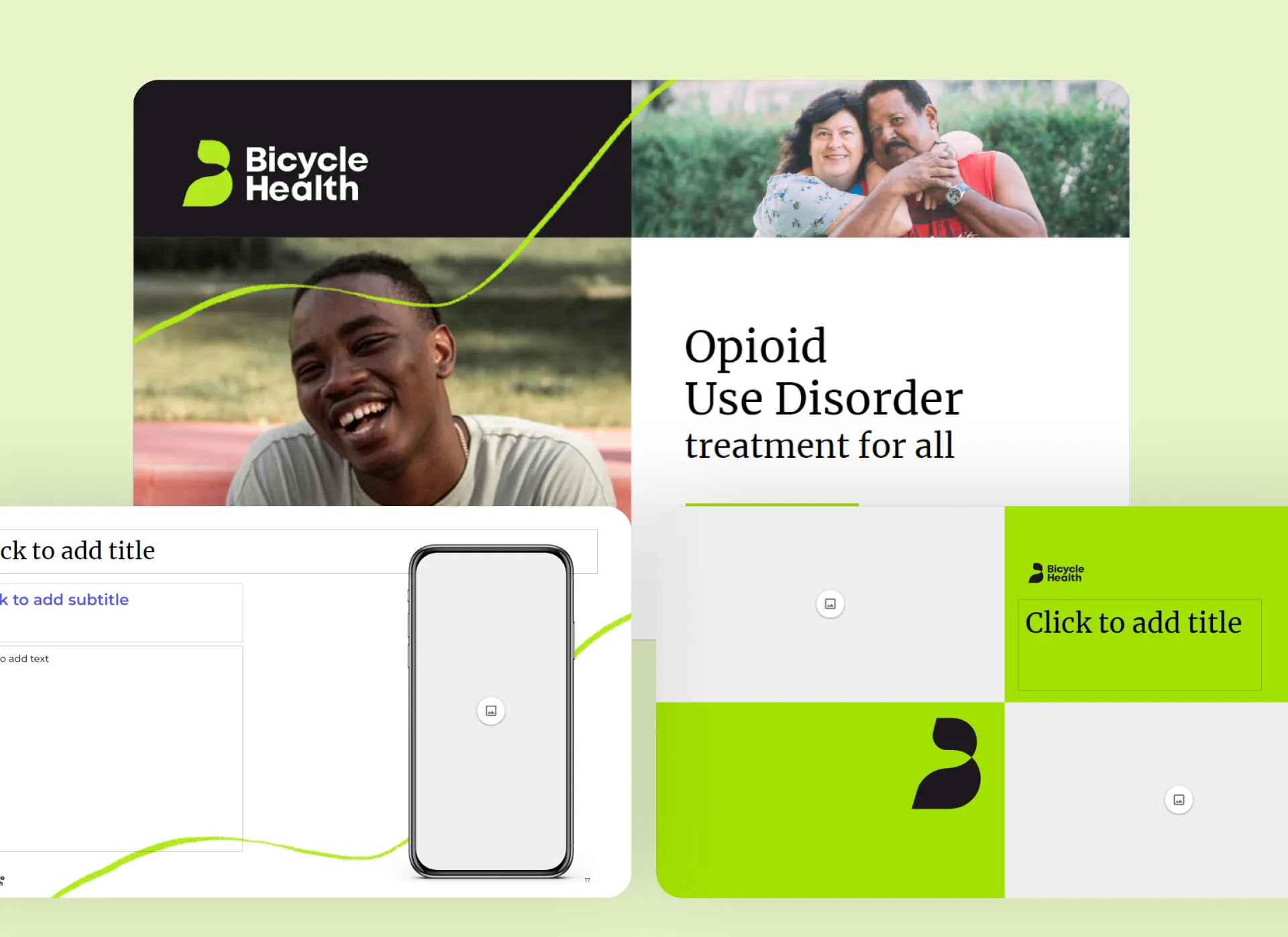 Google Slides master template portfolio card for Bicycle Health, featuring custom healthcare presentation design layouts and branded slide deck elements