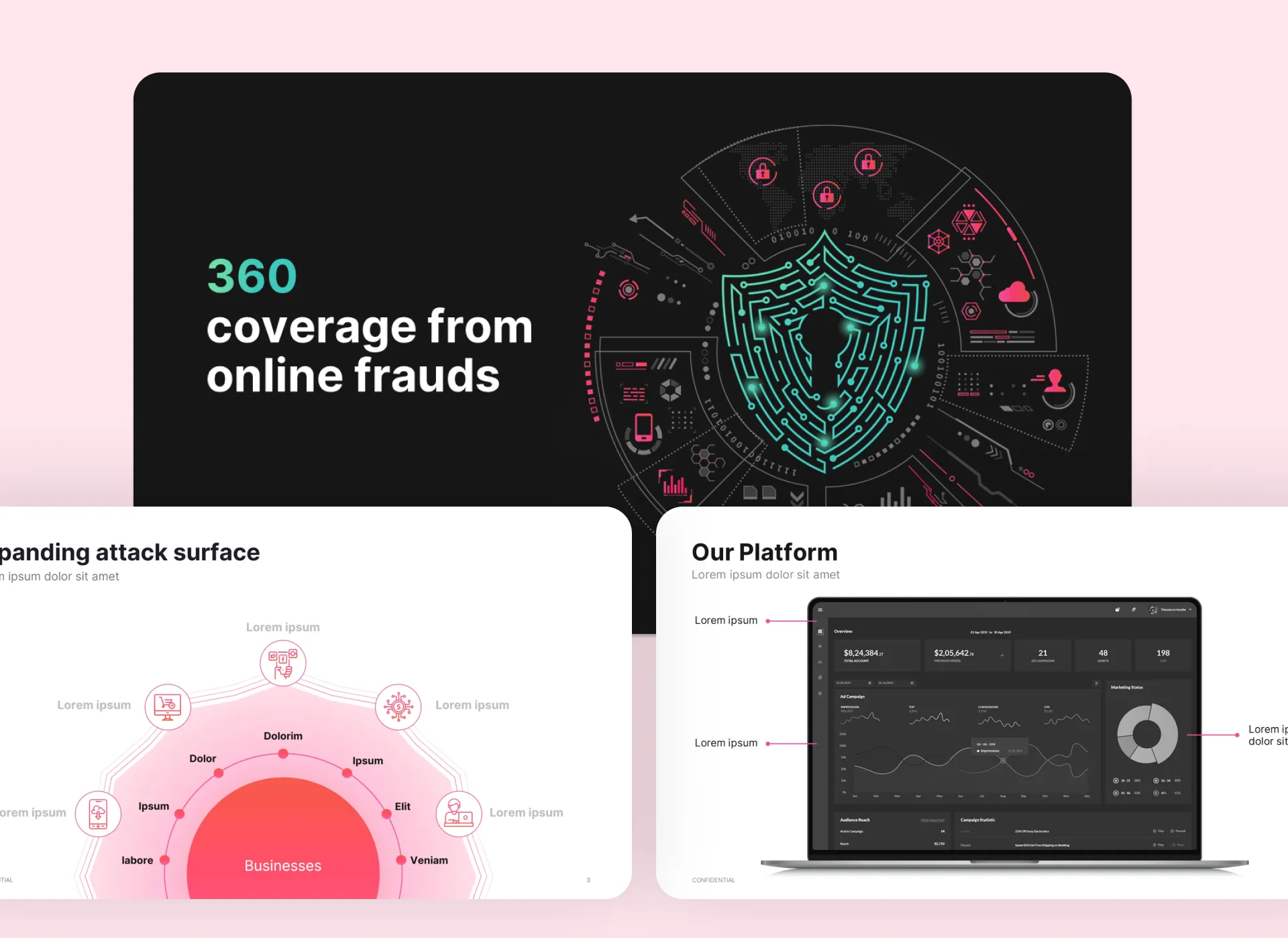 Series B pitch deck for a cybersecurity startup featuring shield iconography and dark mode dashboards, designed by pitch deck design services