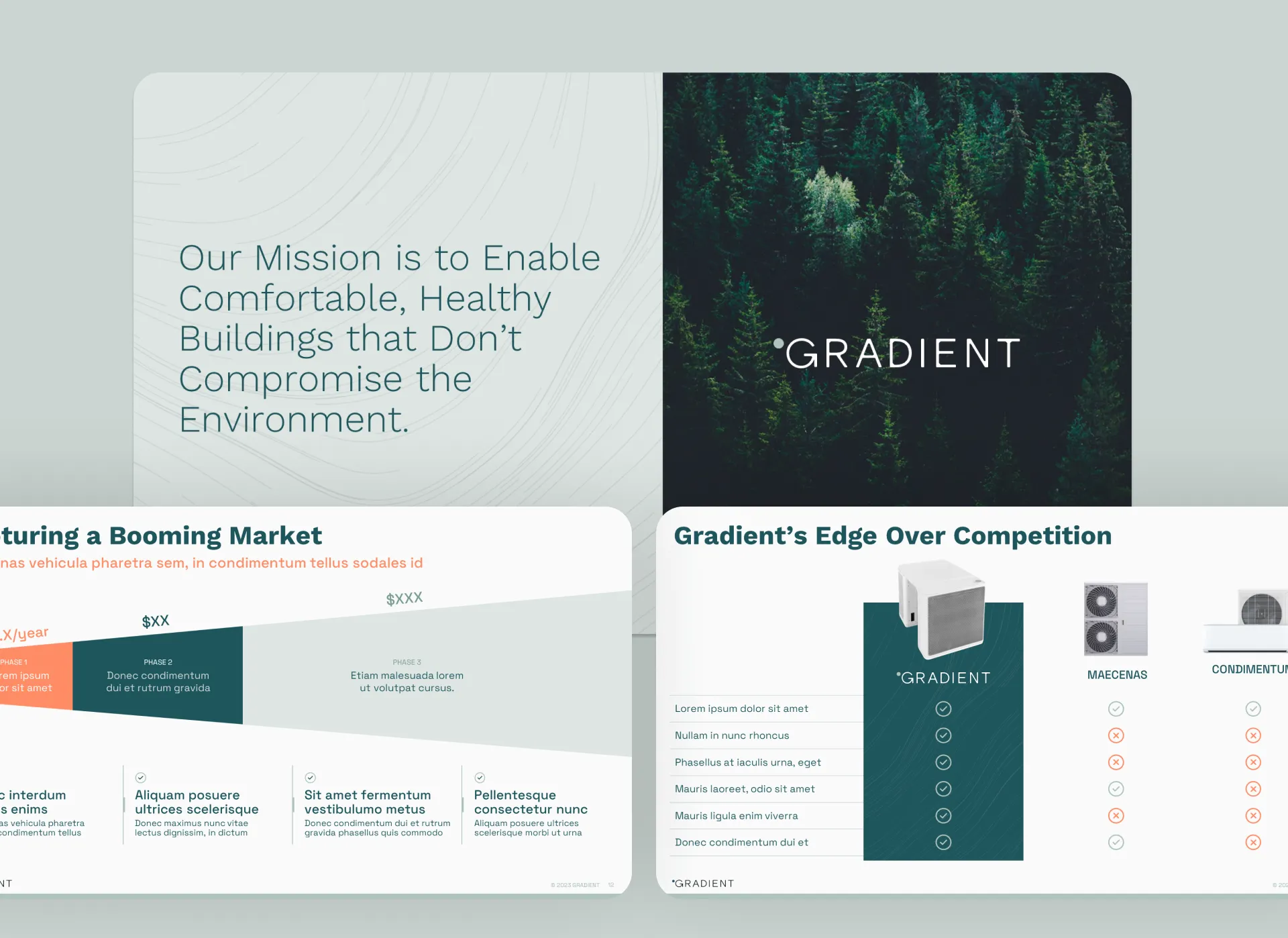 Series B pitch deck for Gradient, a manufacturing-tech startup, featuring mission slides and competitive advantage charts, designed by pitch deck design services