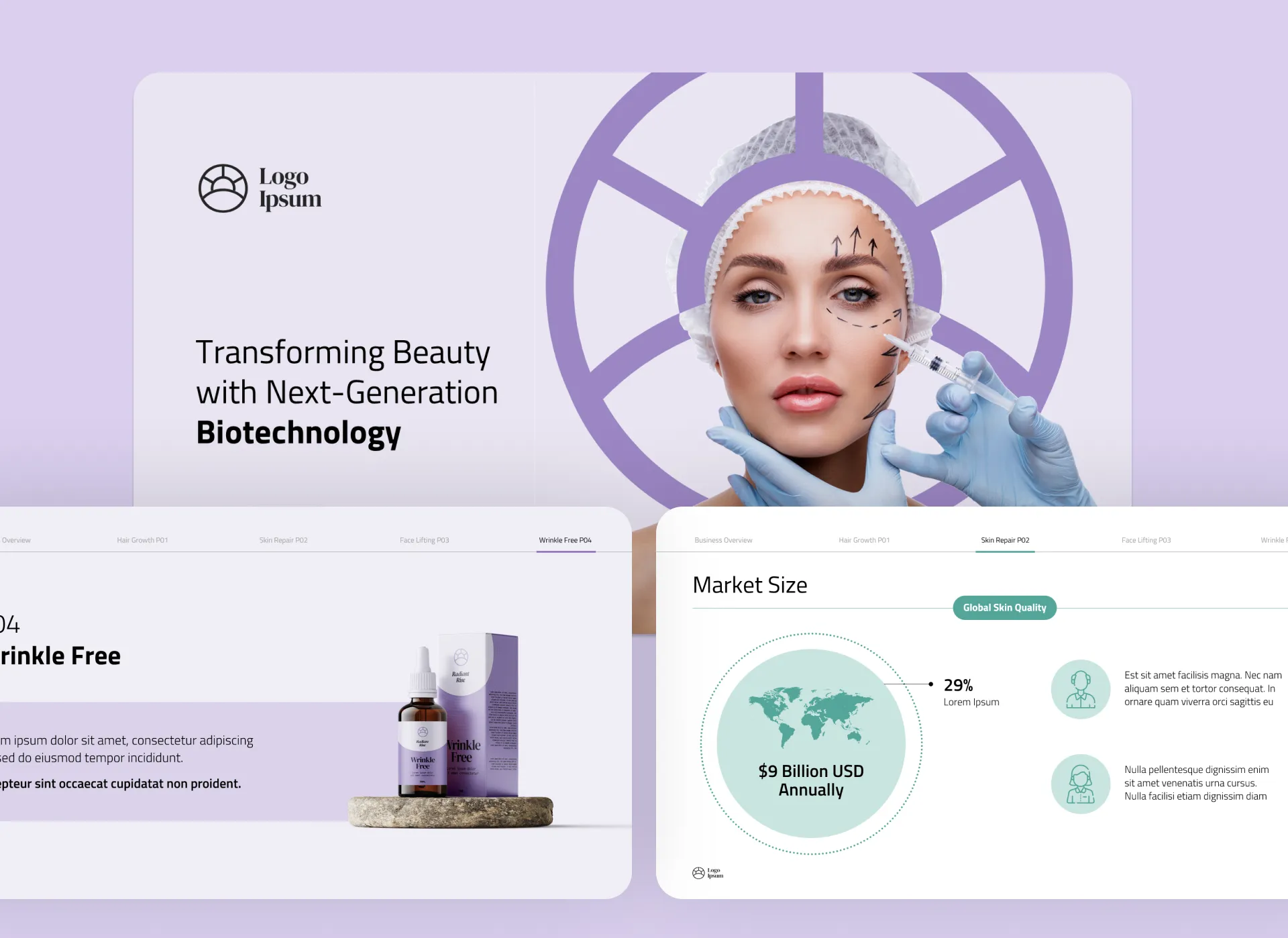 Regenerative medicine pitch deck portfolio card for a clinical-stage company, featuring biotech pitch deck visuals for skin rejuvenation and seed fund pitch deck details