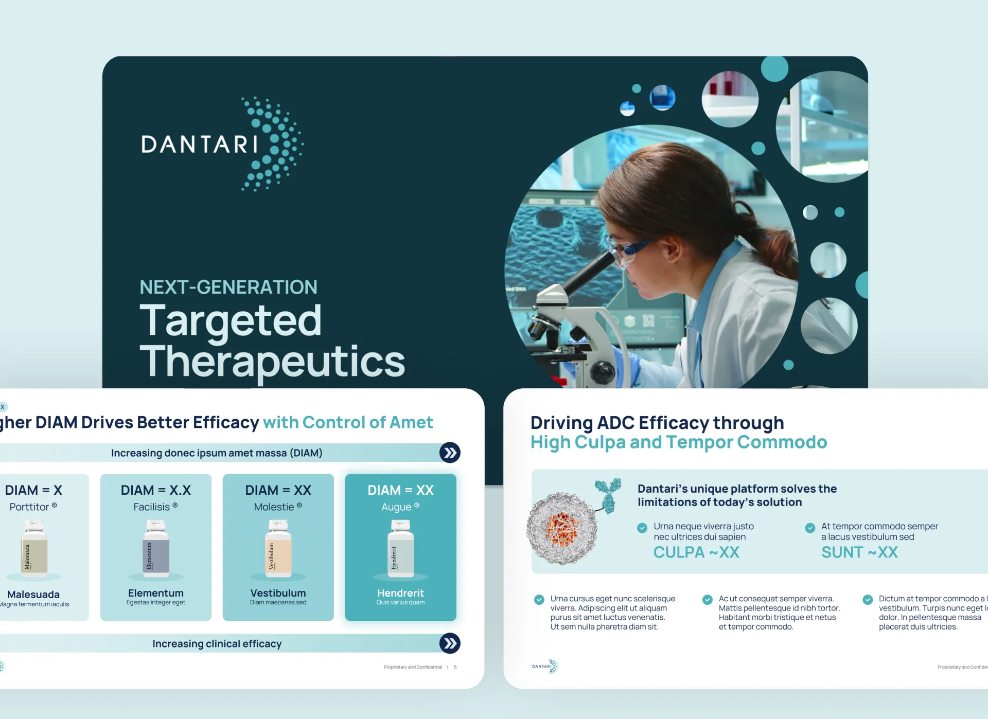 Series A pitch deck portfolio card for Dantari, featuring biotech pitch deck visuals and targeted therapy diagrams for cancer research presentation.