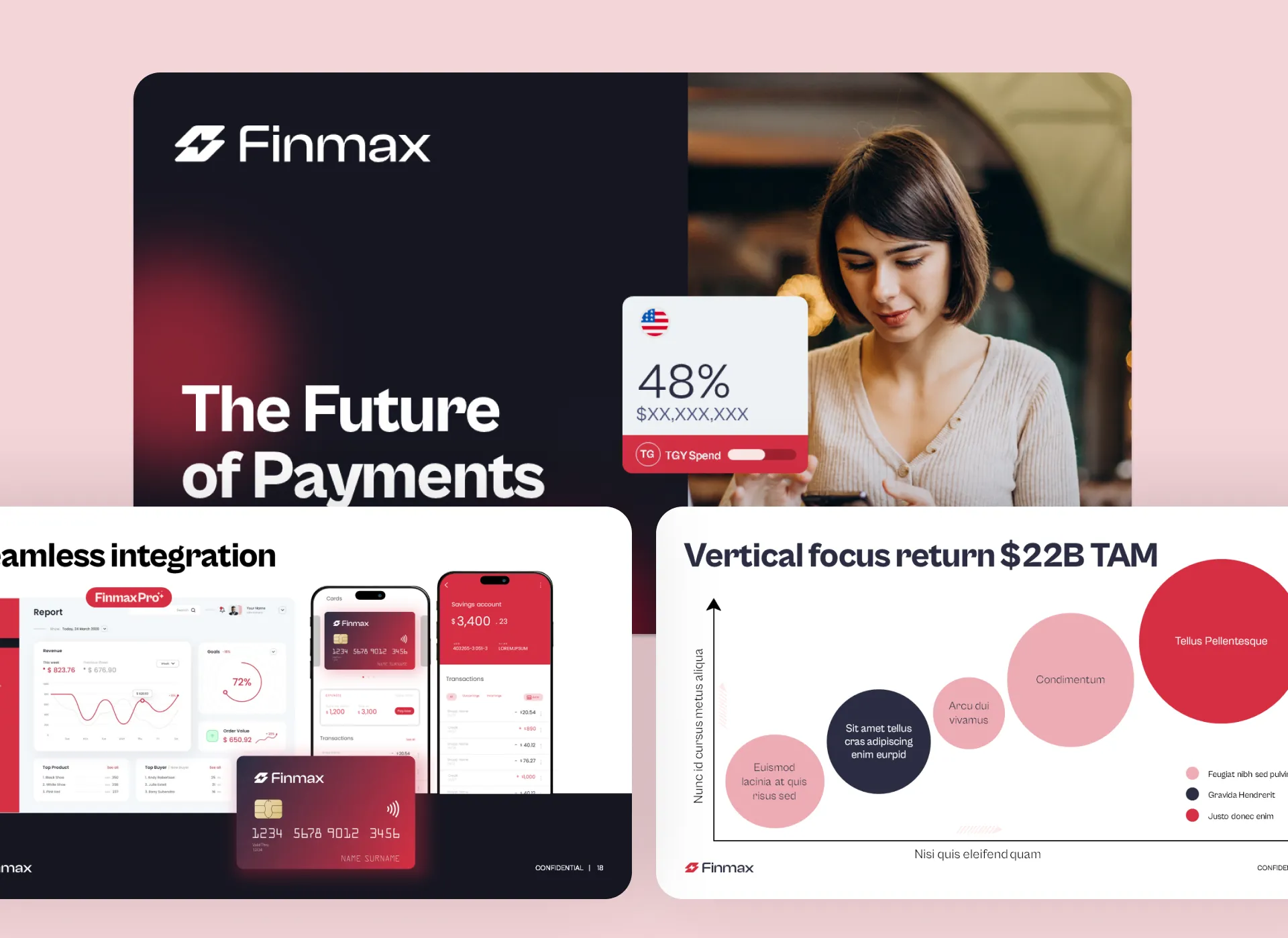 B2B fintech Series B pitch deck for Finmax featuring custom UI mockups, data visualization, and branded investor slides designed by fintech pitch deck design services