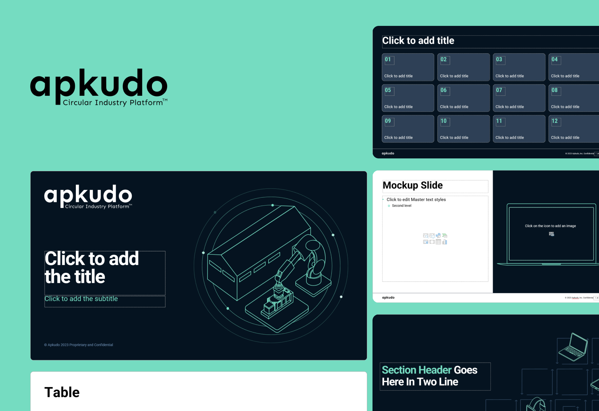 Apkudo corporate PowerPoint master template displaying dark and light theme layouts, illustrating professional powerpoint design services for a technology company