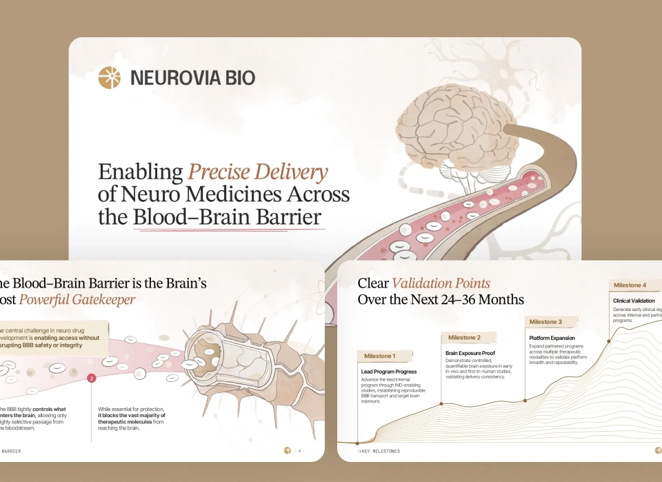 Neurovia Bio Series A pitch deck thumbnail showing CNS therapeutics storyline and blood–brain barrier visuals in a healthcare investor presentation.