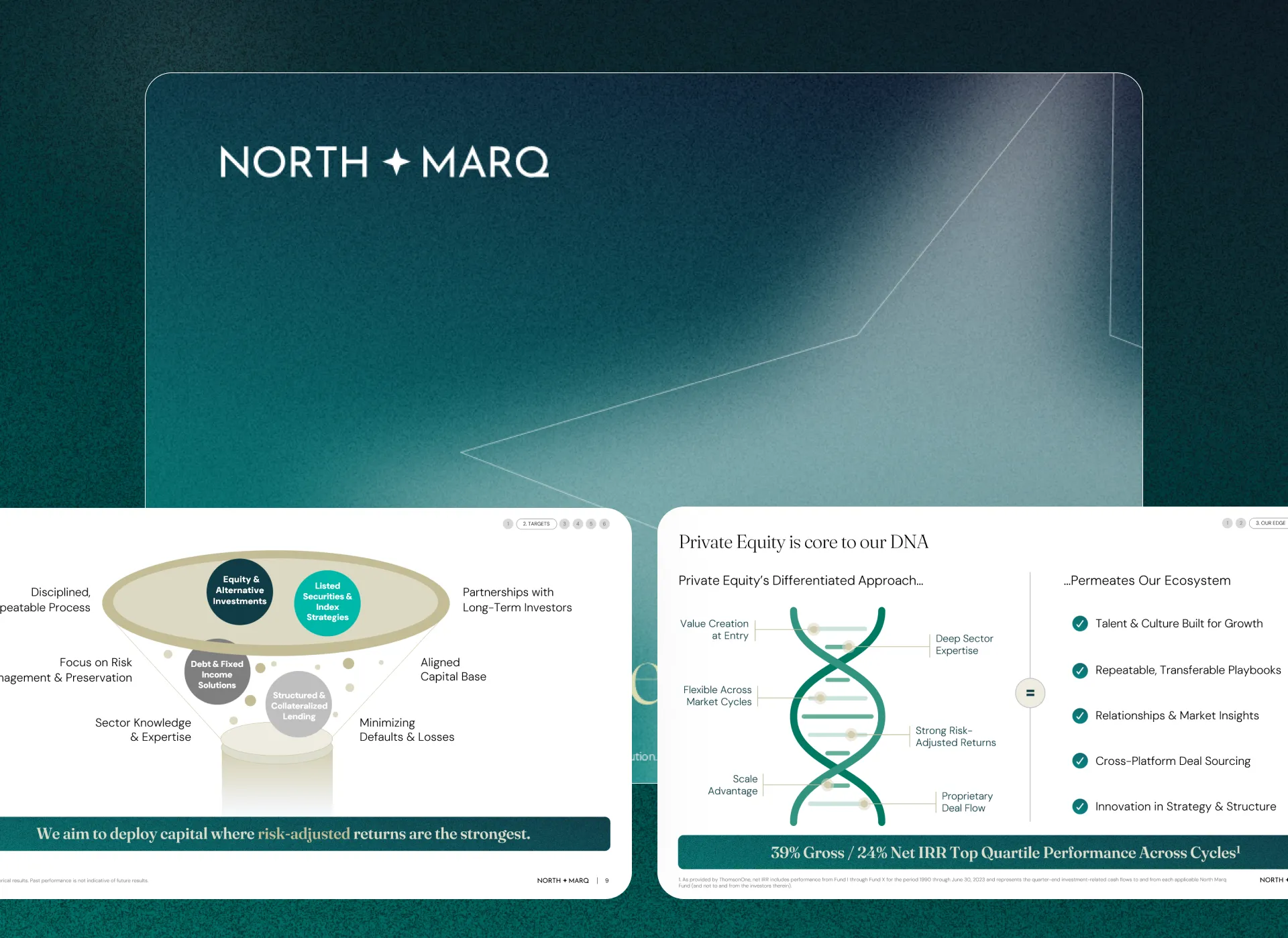 AGM presentation portfolio card for a private equity firm, showing North Marq annual meeting slides on investment strategy and differentiated approach