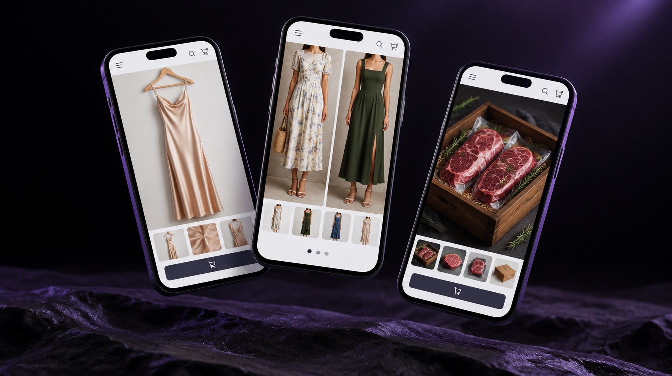 Three smartphones showing fashion and food online stores