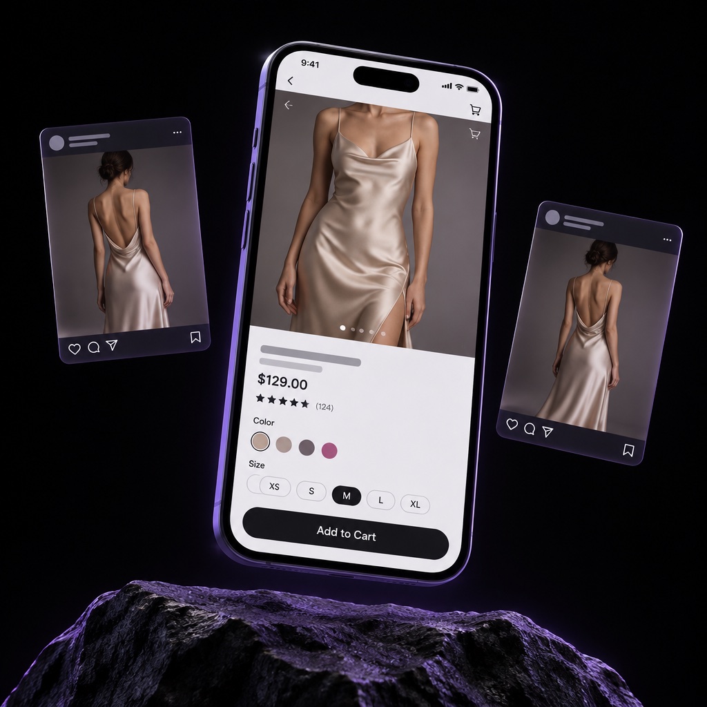 Phone showing a silk dress product page with social ad cards