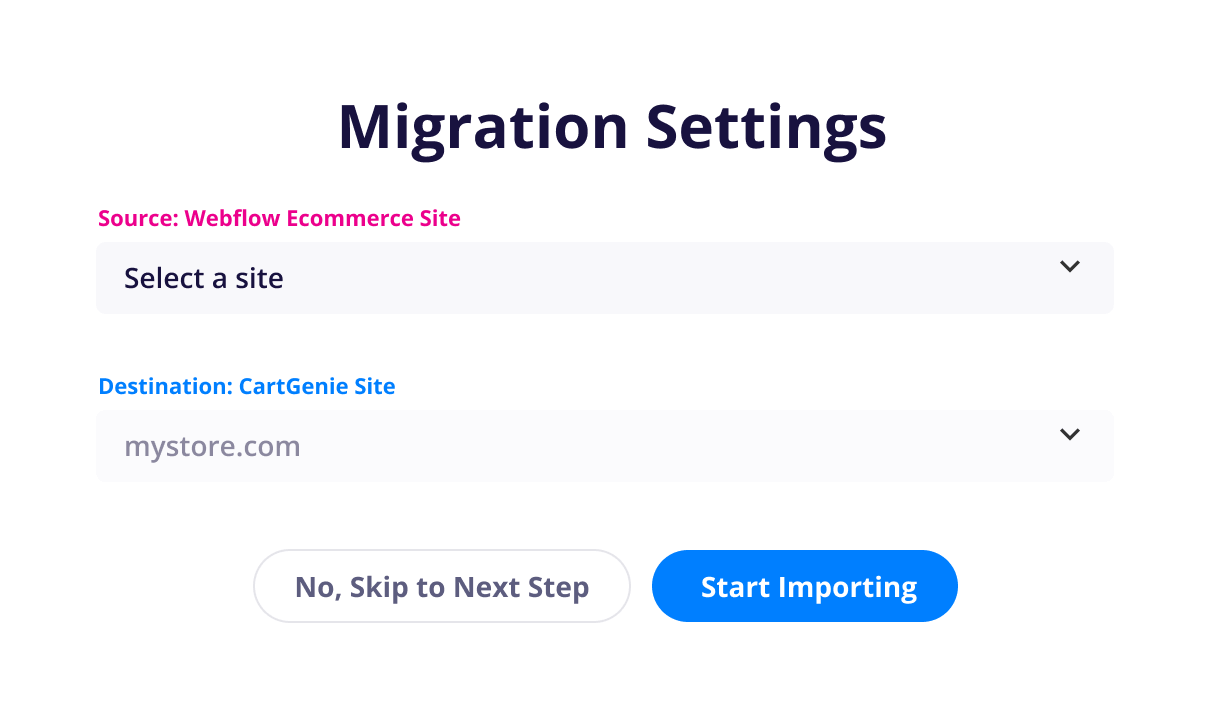 CartGenie migration settings for converting a site from Webflow Ecommerce to CartGenie