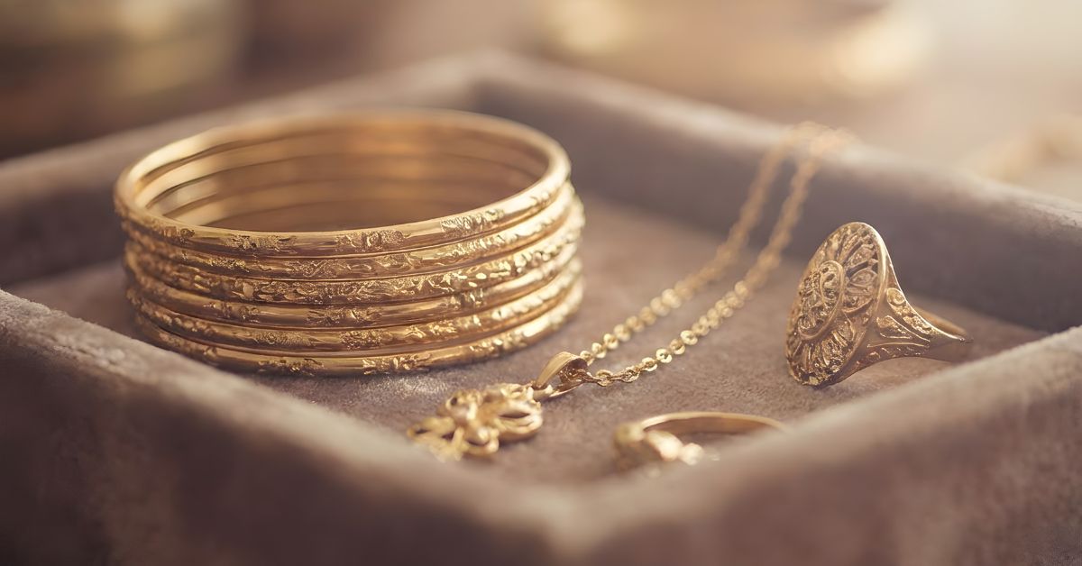 Gold bangles, necklace, and ring arranged for expert gold evaluation in Springfield, VA