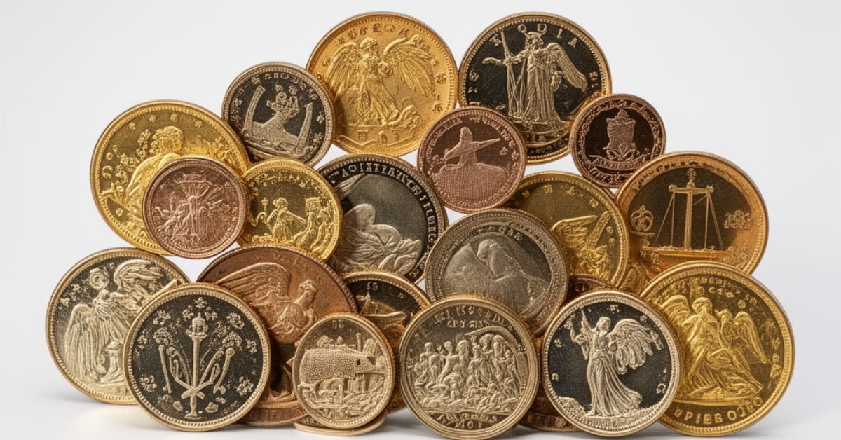Rare gold and silver coins arranged in a collection ready for appraisal and sale