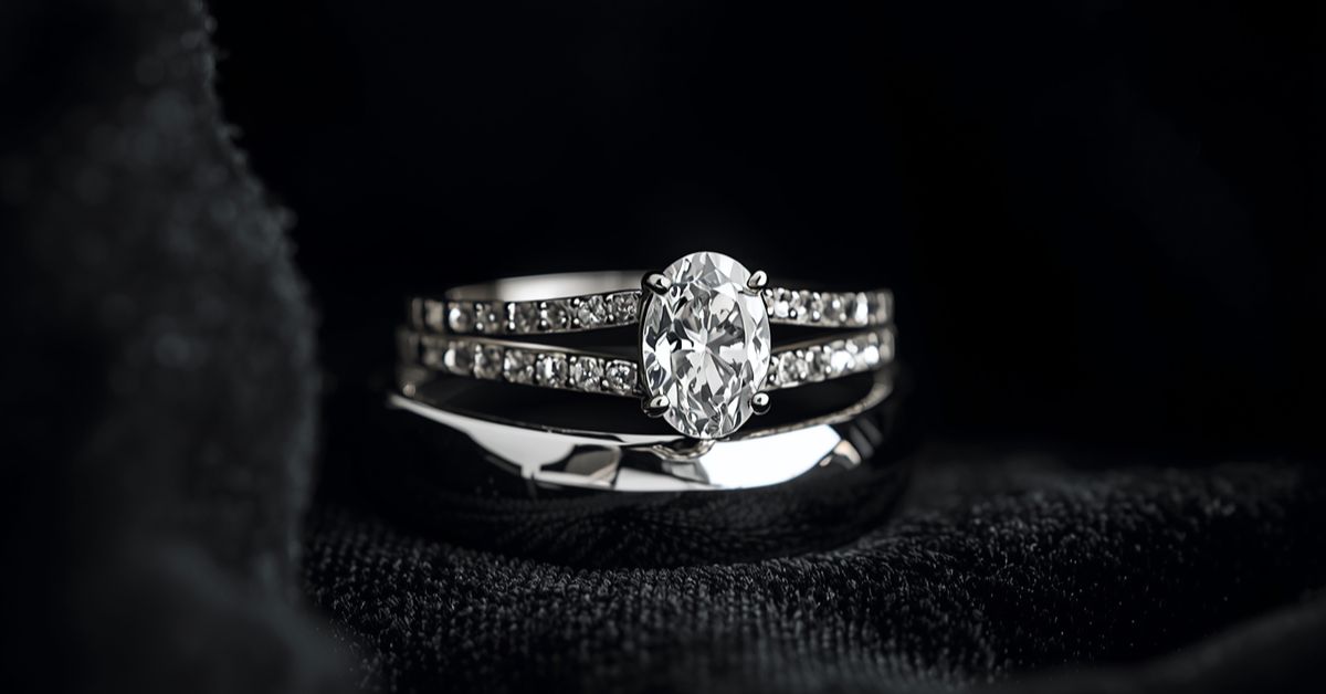 This detailed shot focuses on the trending oval-cut diamond. When looking for the best place to sell diamond rings, bridal sets like this often command higher prices due to the total carat weight and matching metal quality. This visual emphasizes the premium presentation required for a professional appraisal.