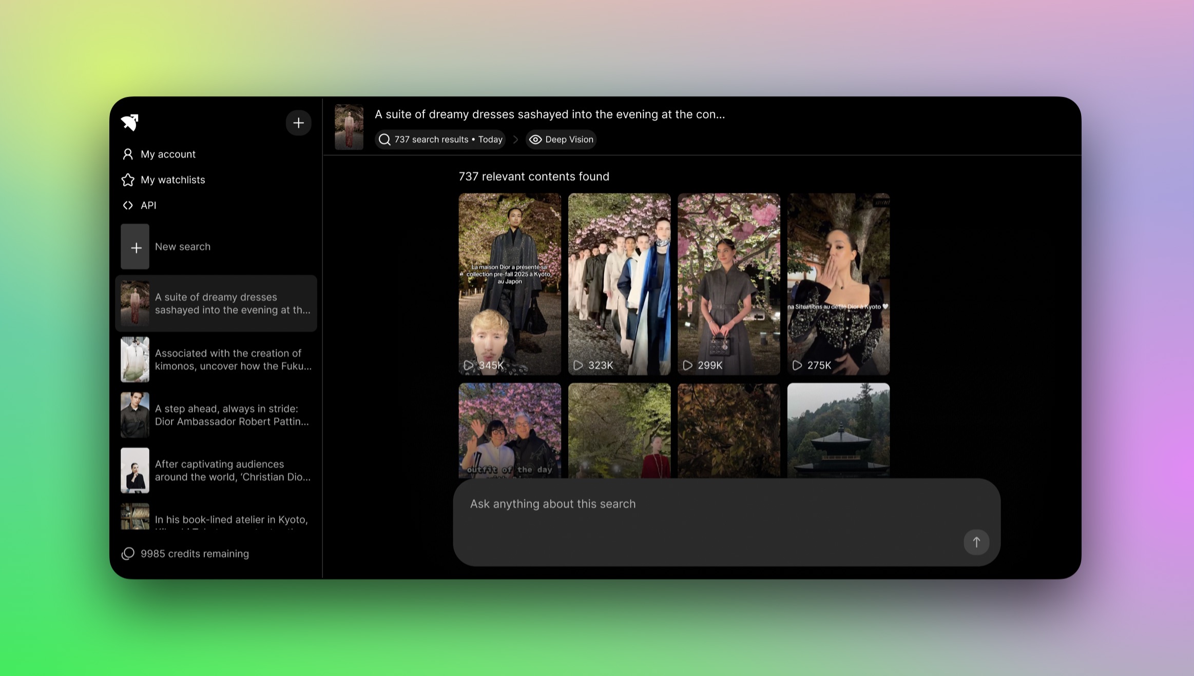 Fashion show search within the Oriane app that display results of videos.