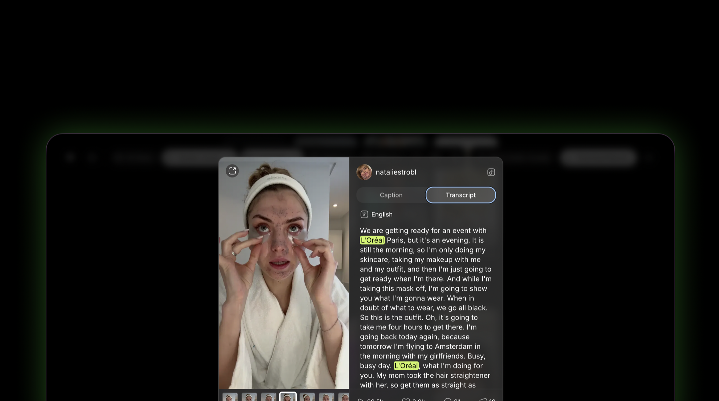 Oriane interface where we can see the keywords mentioning a brand extracted with speech to text AI