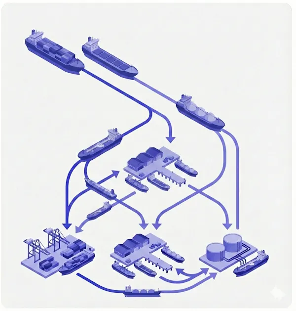 Illustration of ocean freight: container ships and tankers routed between ports, terminals and warehouses