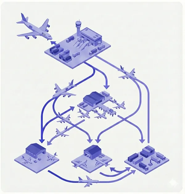 Illustration of air freight moving between airports, cargo hubs and warehouses, with flight routes linking each stage