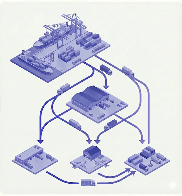 Illustration of road freight: trucks carrying containers from a port to a warehouse and on to delivery points