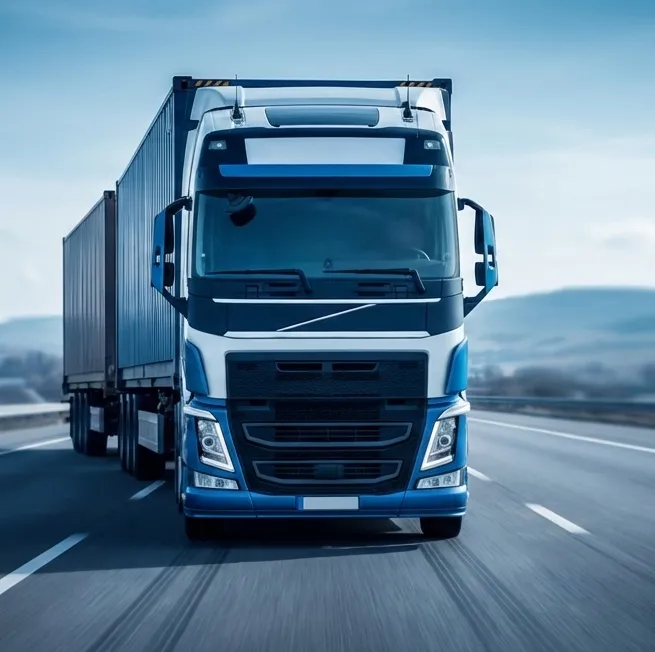 Articulated lorry hauling a container trailer along a motorway