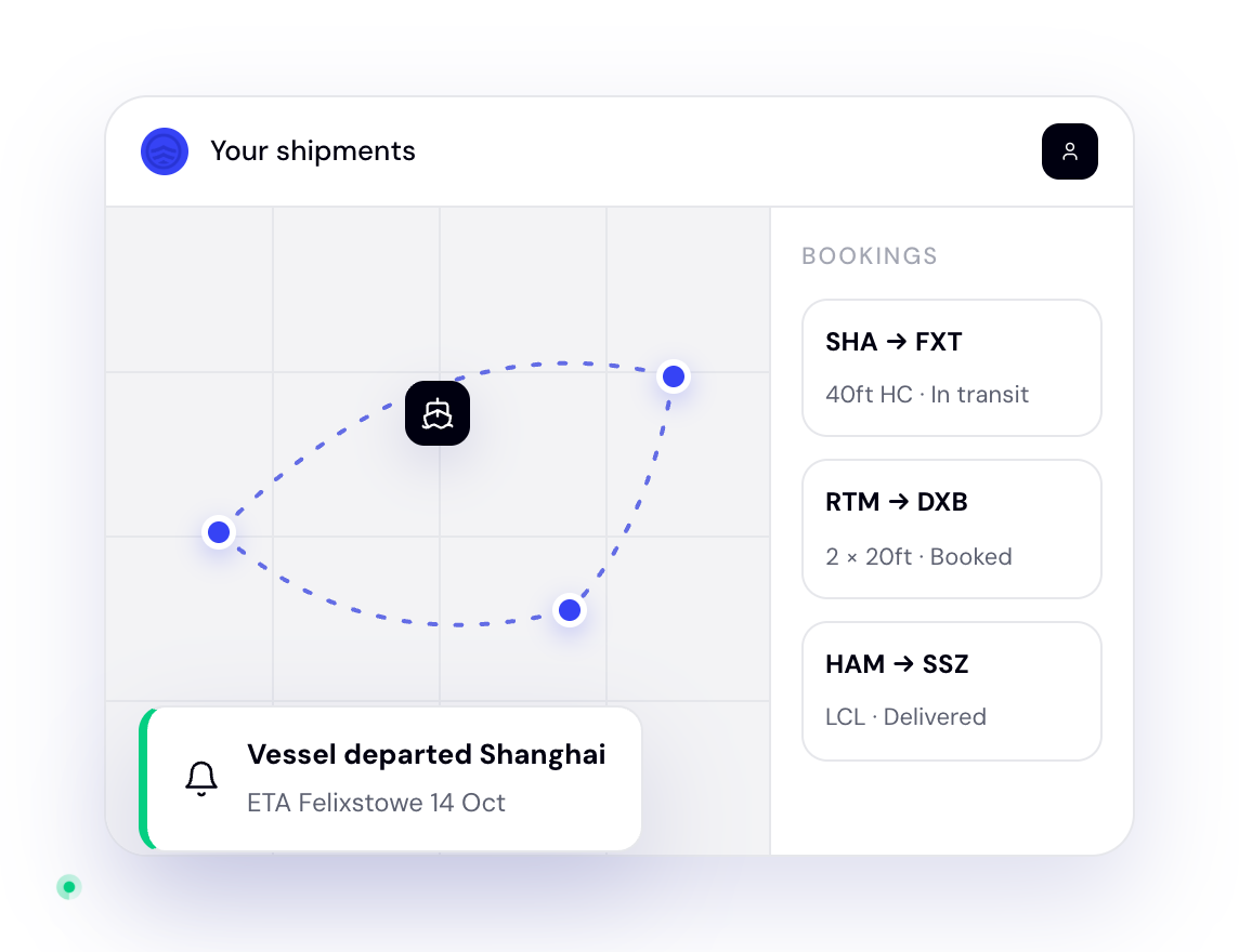 The customer portal: bookings on a map with a vessel-departed update arriving, and no margin data shown