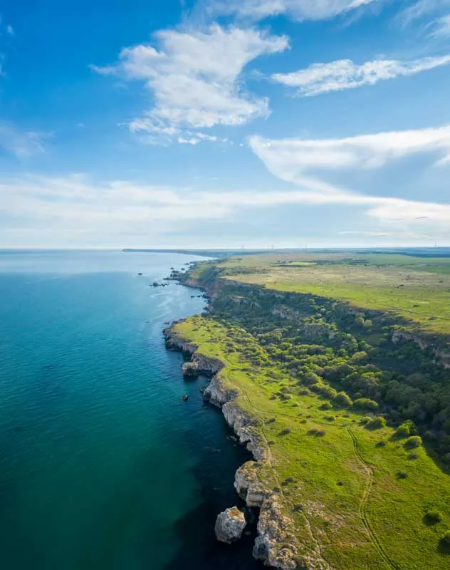 A panoramic view of a lush green coastline shot from a drone for TV