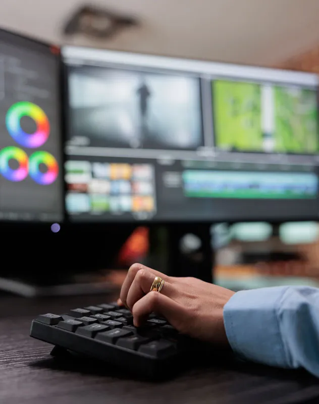 View of an editor in a studio suite working on a dual screen set-up