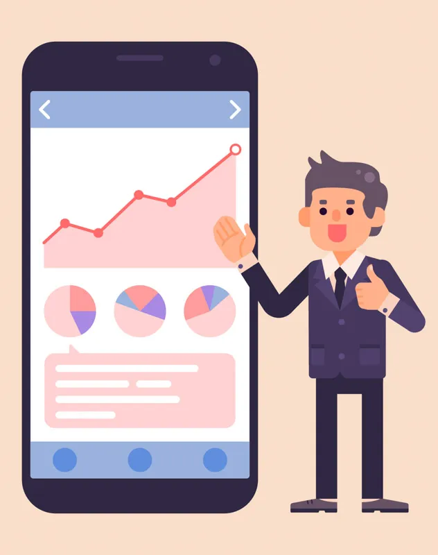 An illustrated image of a man standing next to a graph on a phone and explaining a concept