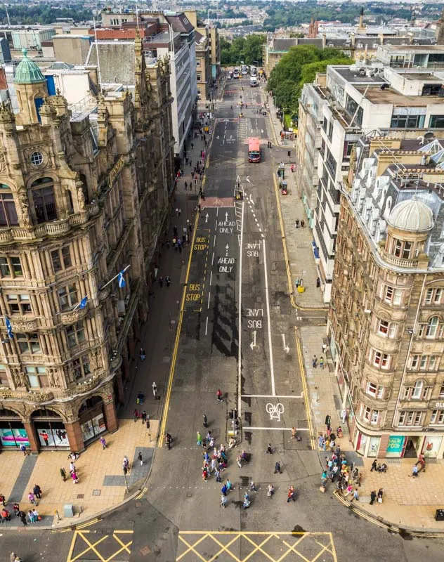 Aerial filming of a street in Edinburgh using a DJI drone
