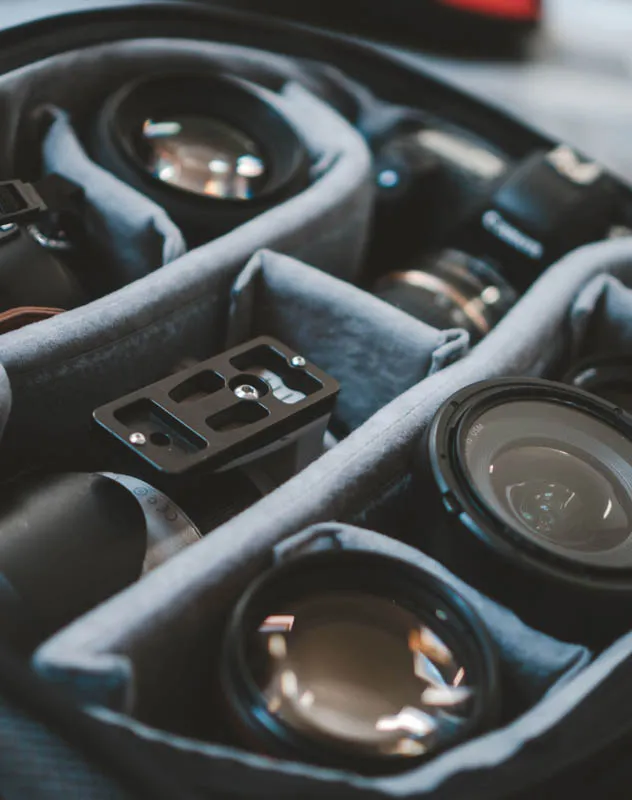 A kit bag containing a camera body, lenses and accessories