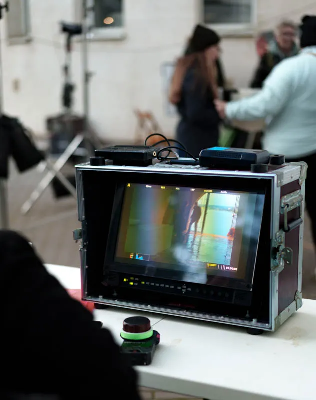 View of a film set through a directors monitor